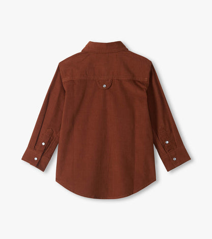 Back view of boys' tortoise brown button-down shirt with long sleeves and curved hem