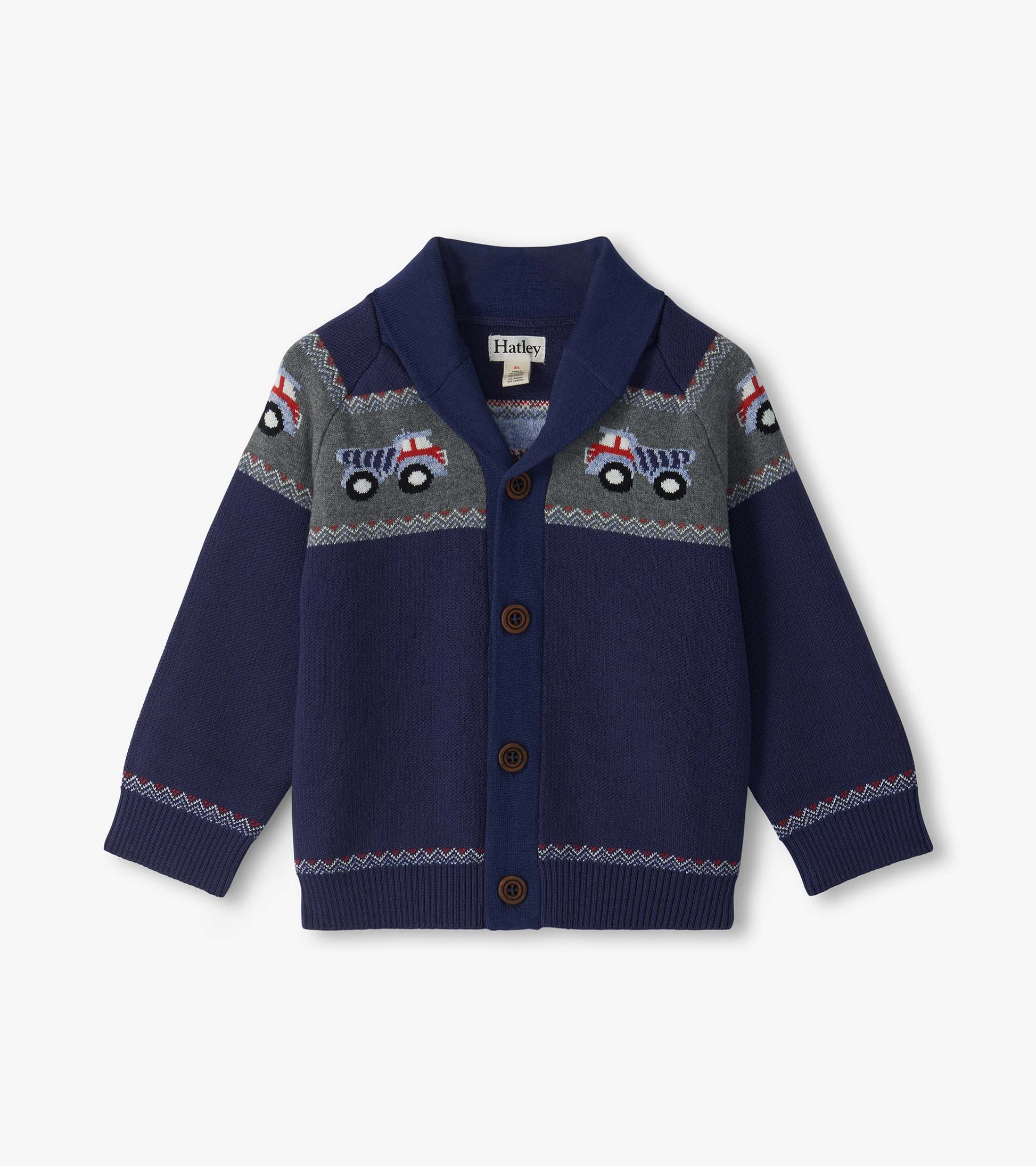 Navy shawl collar cardigan with button front and gray truck pattern across the chest and sleeves