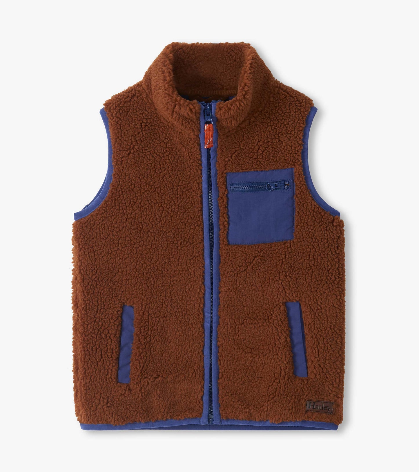 Brown sherpa-style vest with blue trim, full zip front, zip chest pocket, and two front pockets