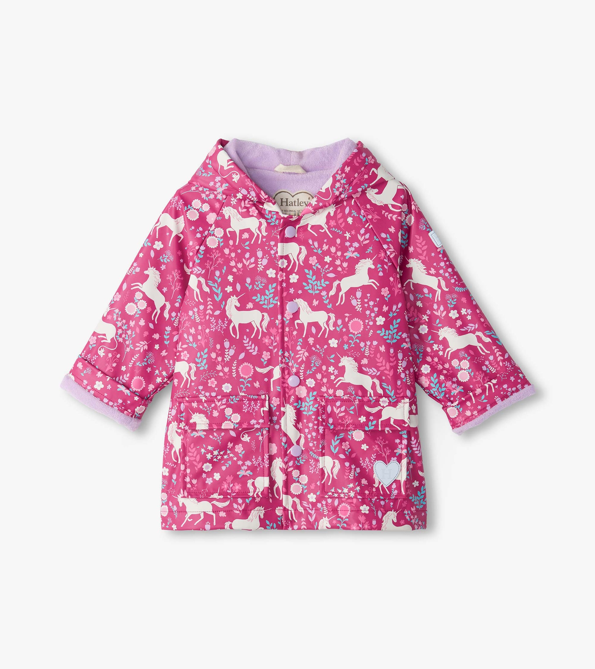 Front view of kids pink hooded rain coat with white unicorn and floral print, snap front and front pockets