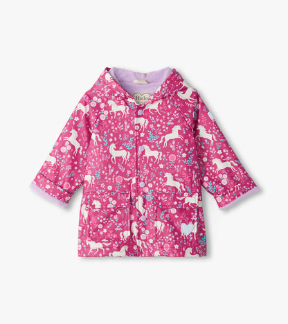 Front view of kids pink hooded rain coat with white unicorn and floral print, snap front and front pockets