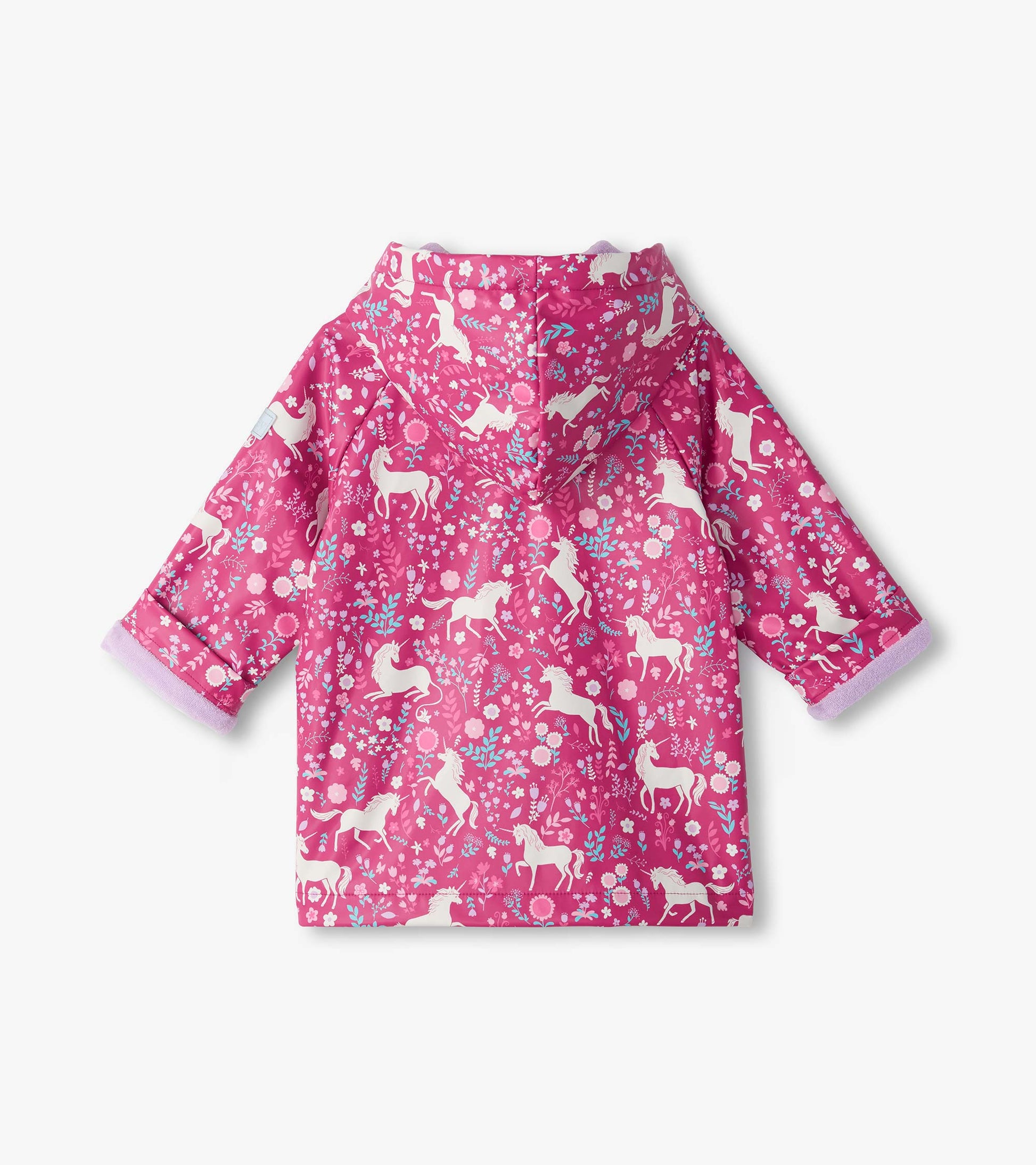 Back view of kids pink hooded rain coat with white unicorn and floral print