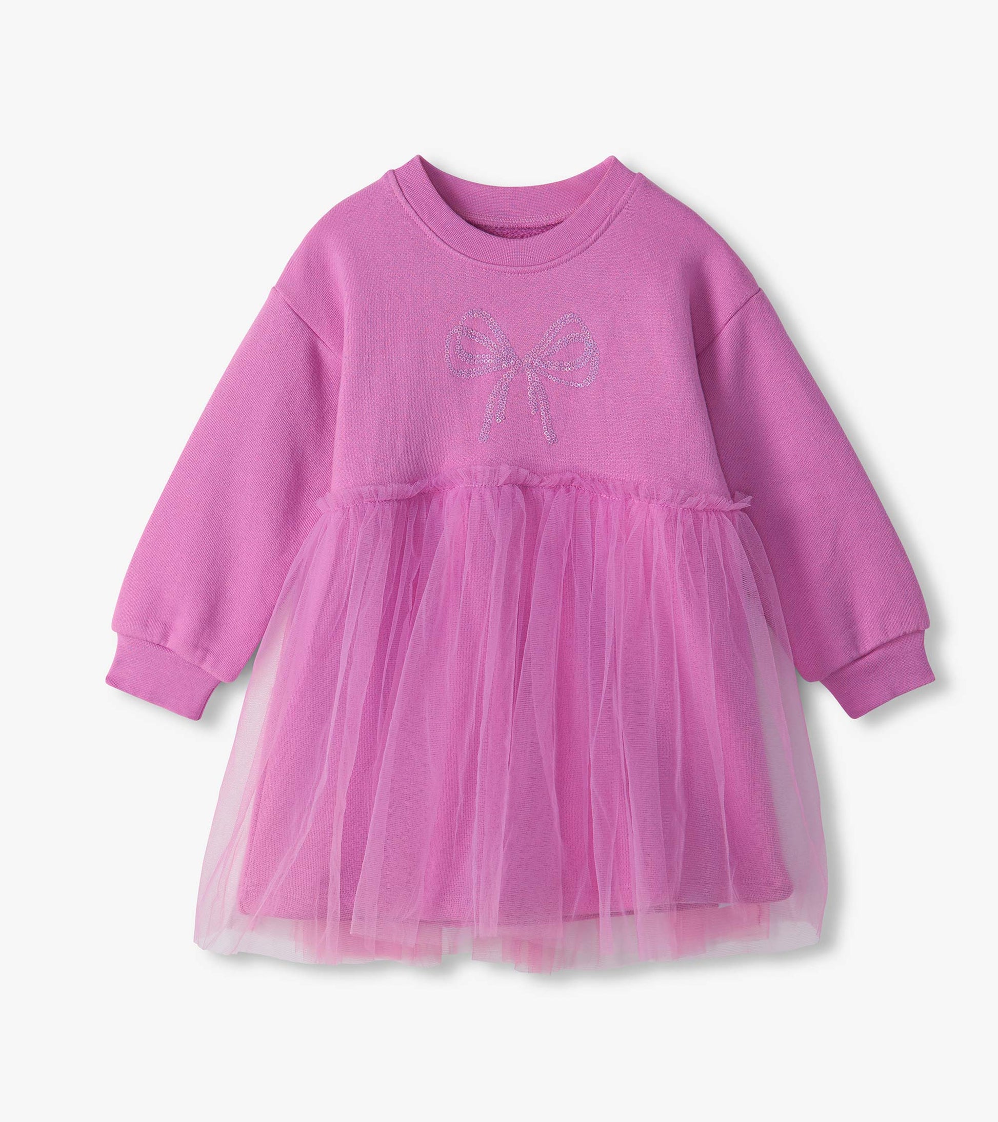 Violet long-sleeve infant dress with a tulle skirt overlay and bow detail on the chest