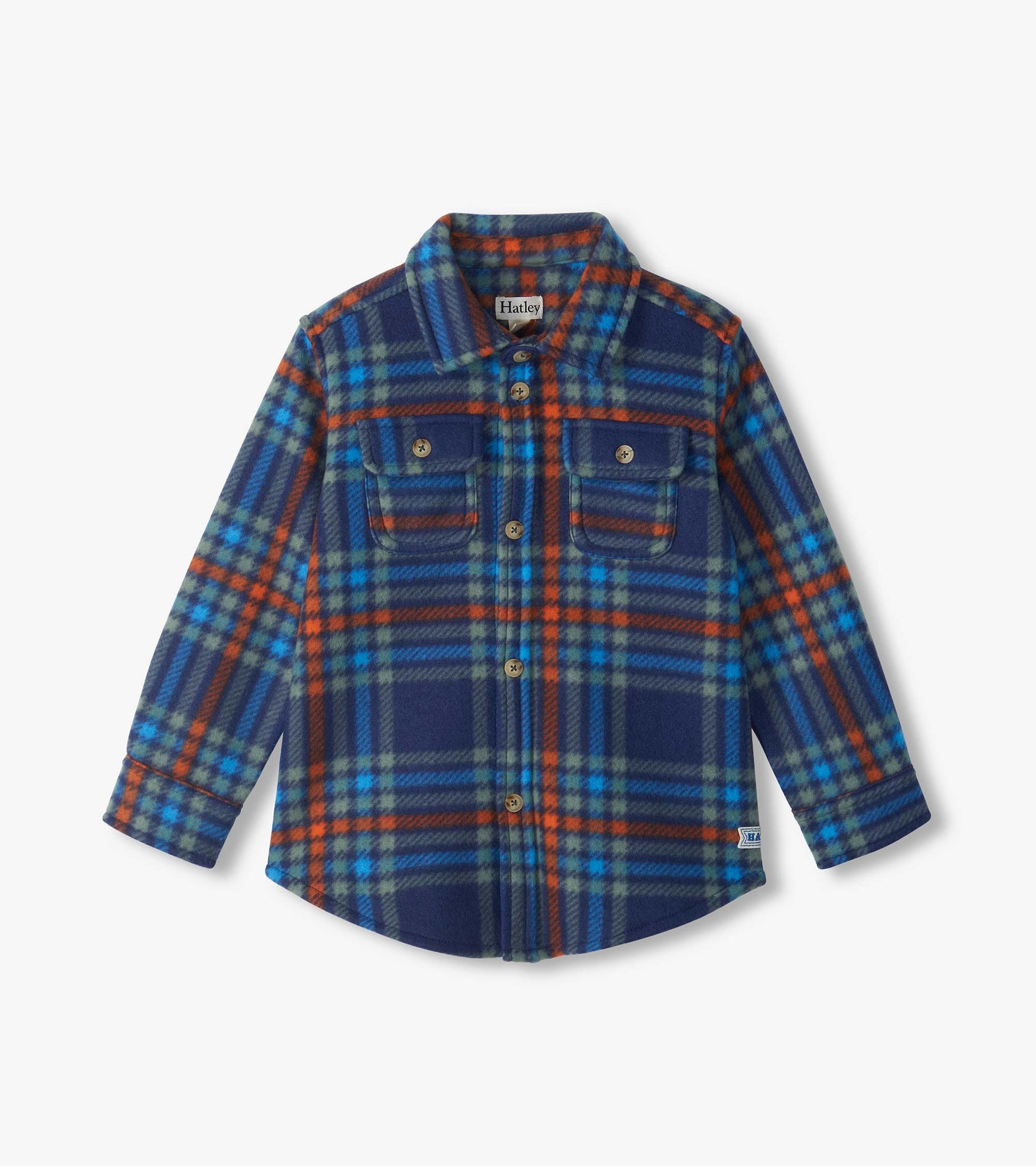 Kids plaid buttondown shirt in navy, blue, green, and orange with collar and two chest flap pockets