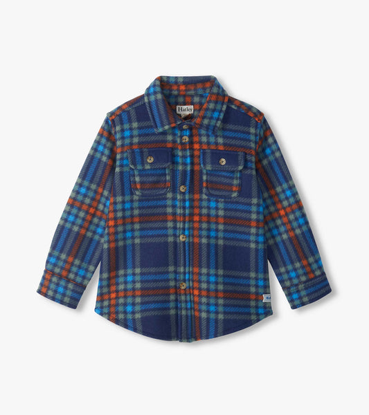 Kids plaid buttondown shirt in navy, blue, green, and orange with collar and two chest flap pockets