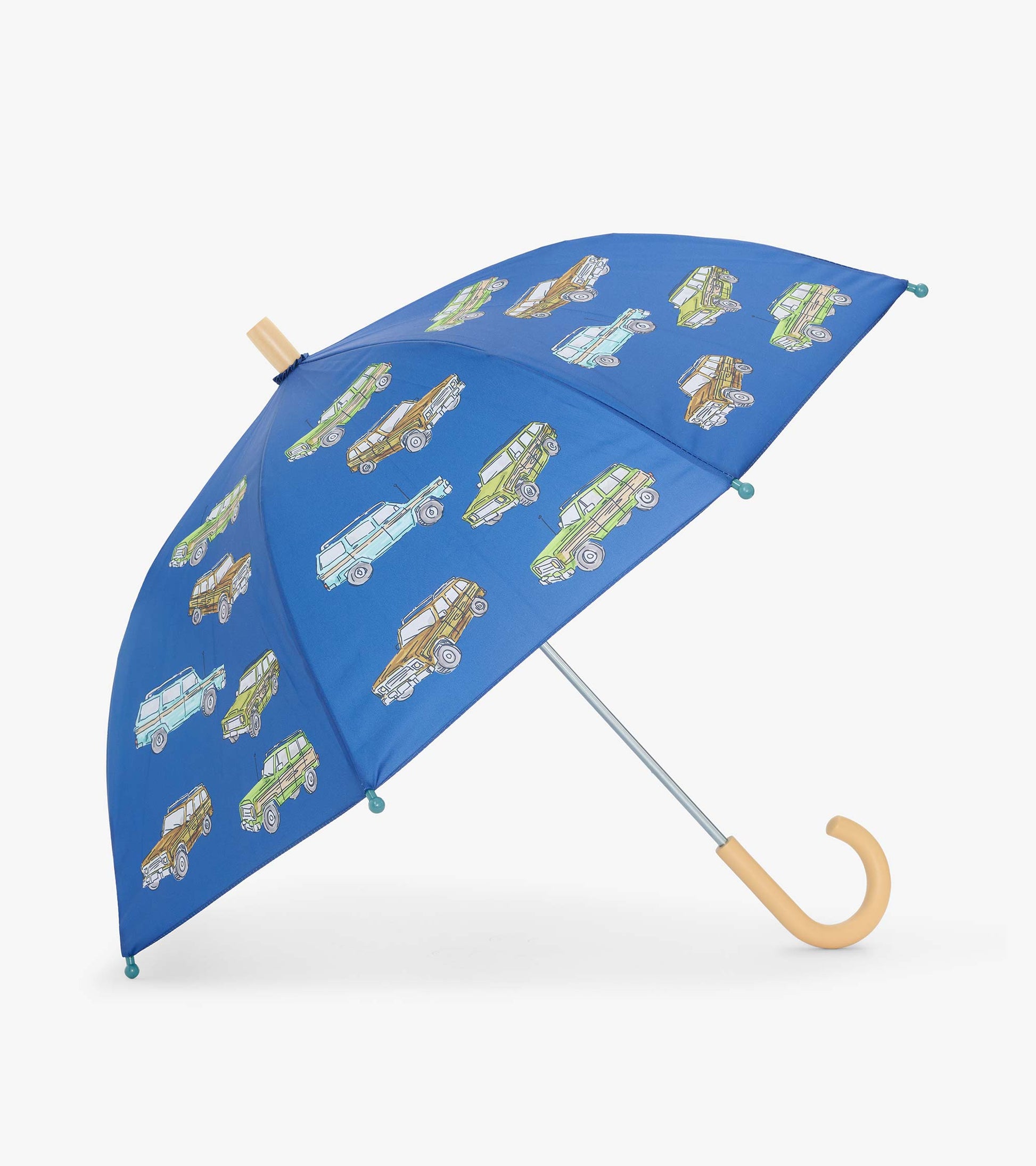 Open blue kids umbrella with vintage truck print and curved light wood handle