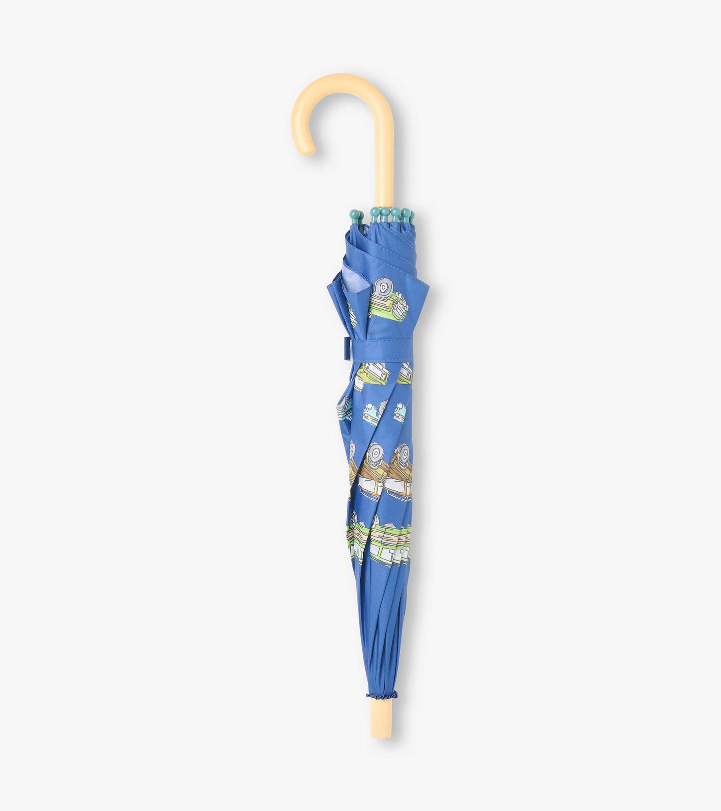 Closed blue umbrella with vintage truck print, strap closure, and curved light wood handle