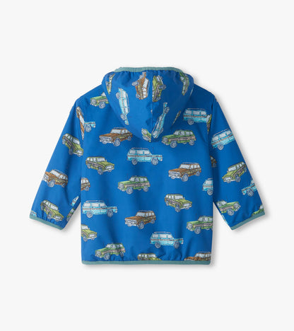 Back view of blue hooded field jacket with allover vintage truck print