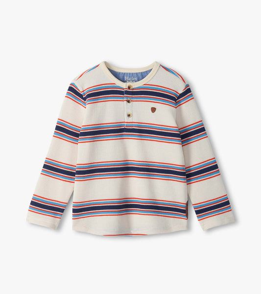 Kids long sleeve waffle henley in cream with blue, navy, and red stripes and a three-button placket