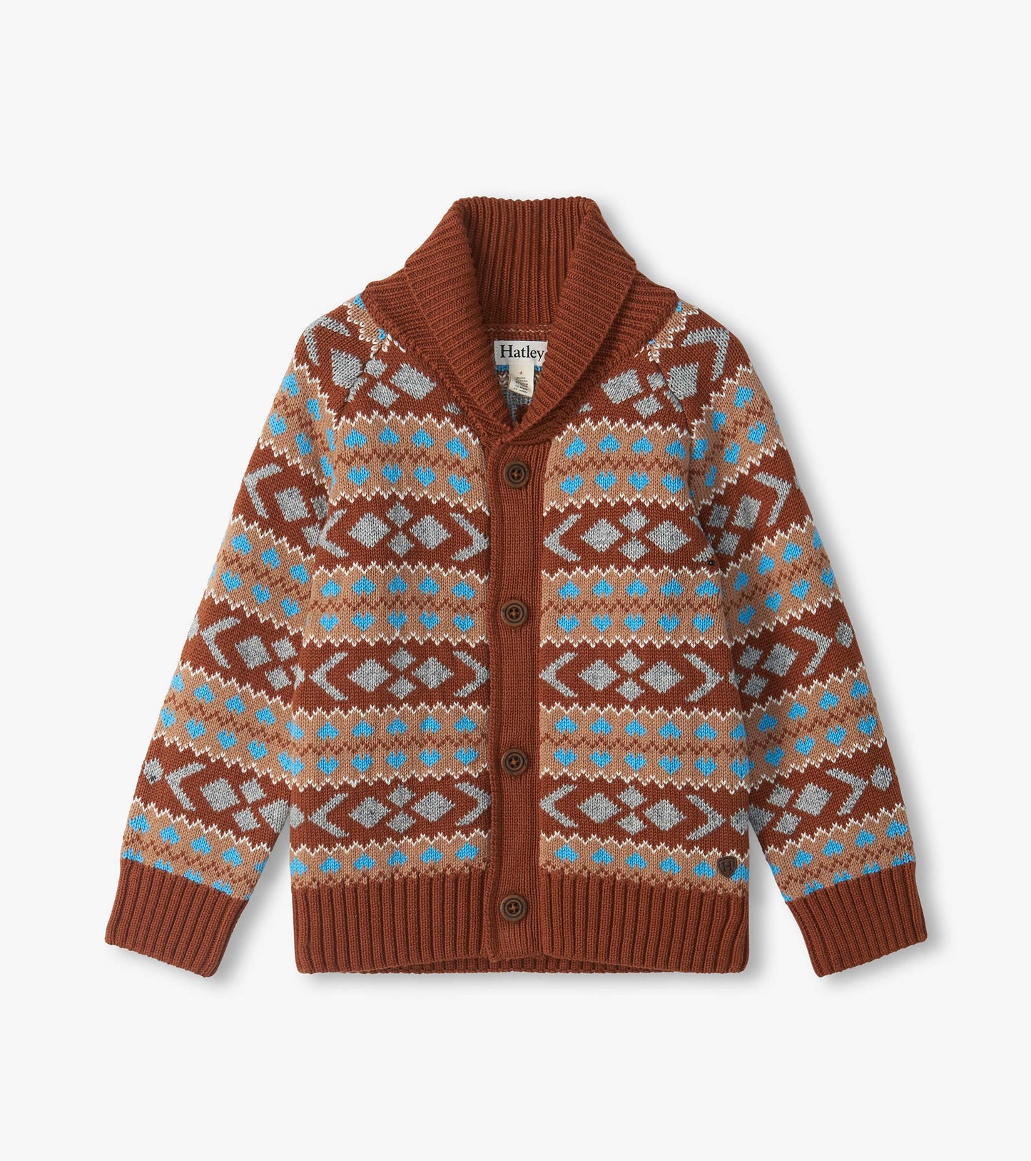 Boys shawl collar cardigan in brown with blue, tan and gray Fair Isle pattern and button front