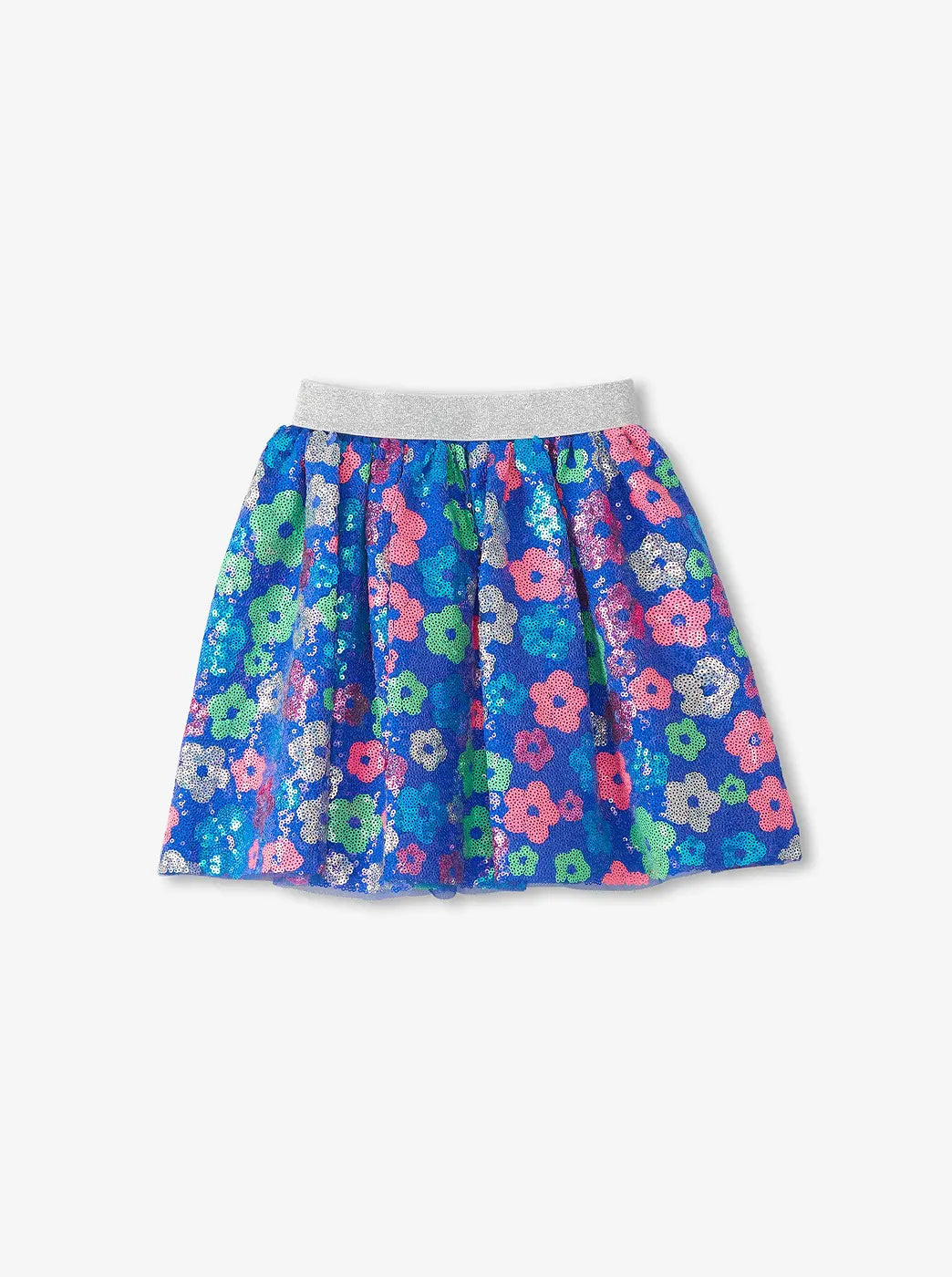 Promotes girls' bottoms collection. Showing blue sequin skirt with multicolour floral pattern and silver waistband.