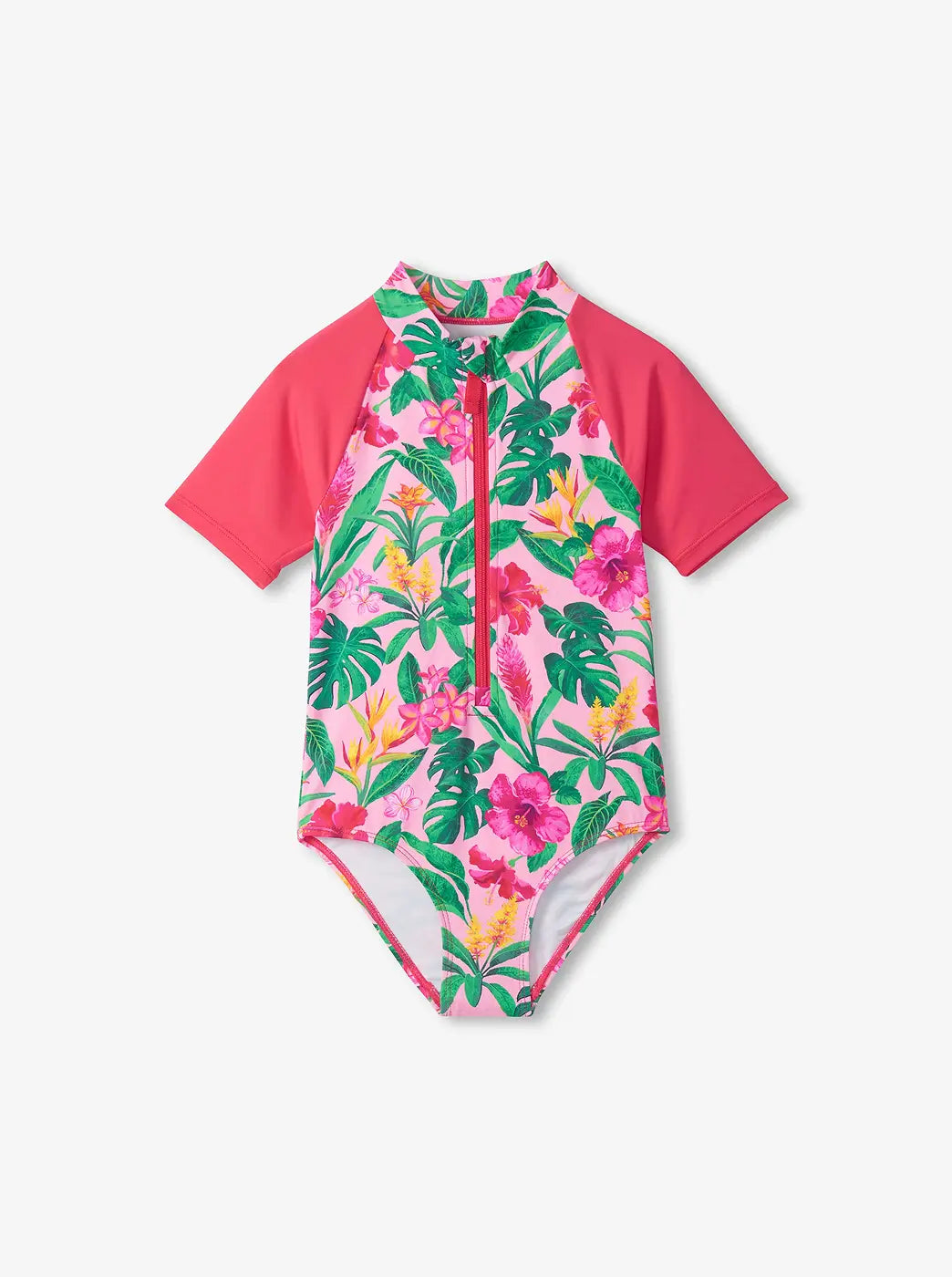 Shop girls' swimwear. Showing pink tropical floral short-sleeve one-piece rash guard swimsuit.