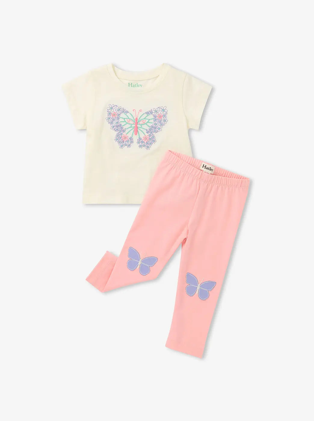 Shop baby and toddler clothing. Showing cream butterfly graphic tee with pink leggings featuring butterfly knee patches.