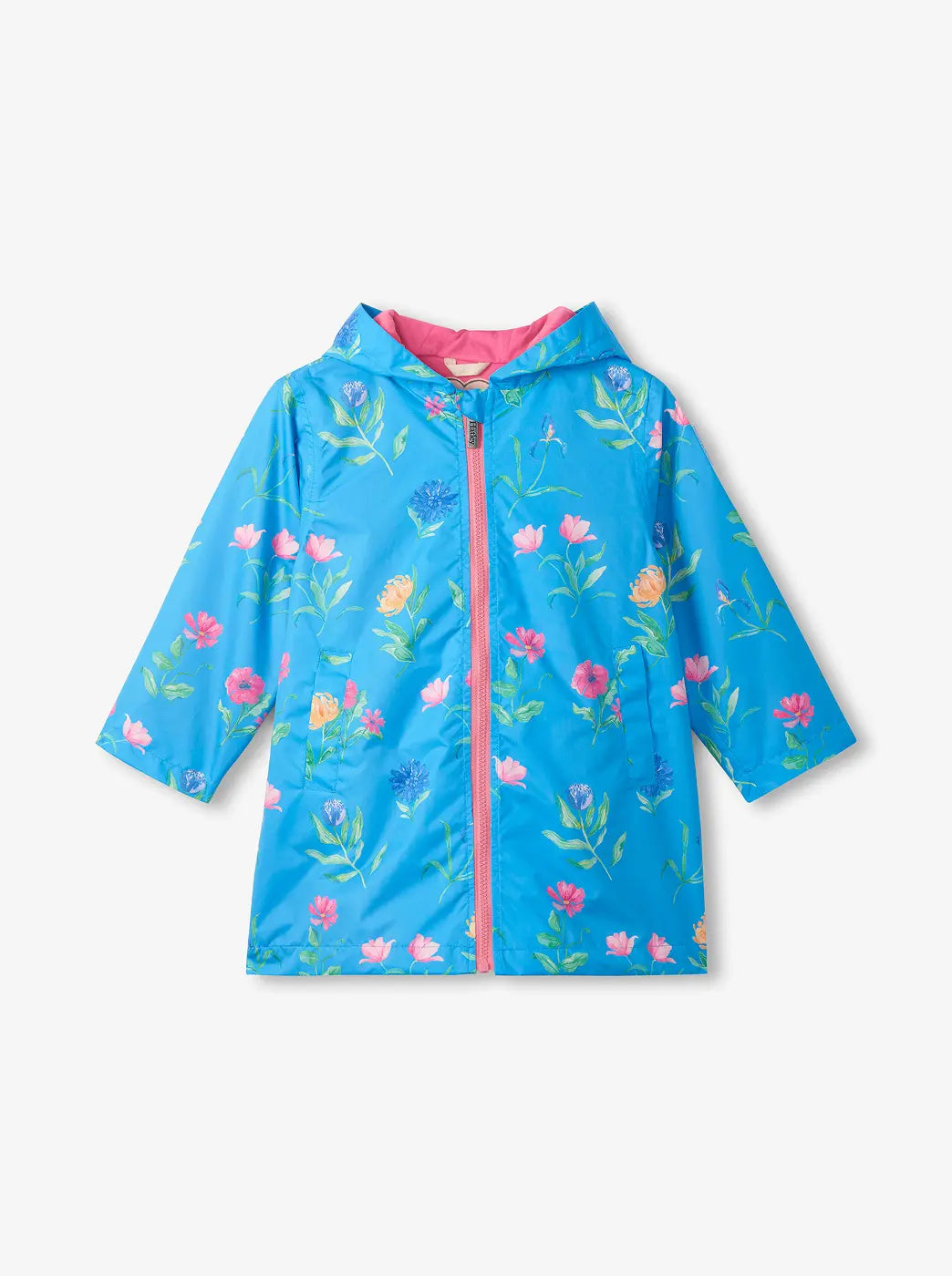 Promotes kids' rainwear collection. Showing blue hooded raincoat with pink zip and floral print on a plain background.
