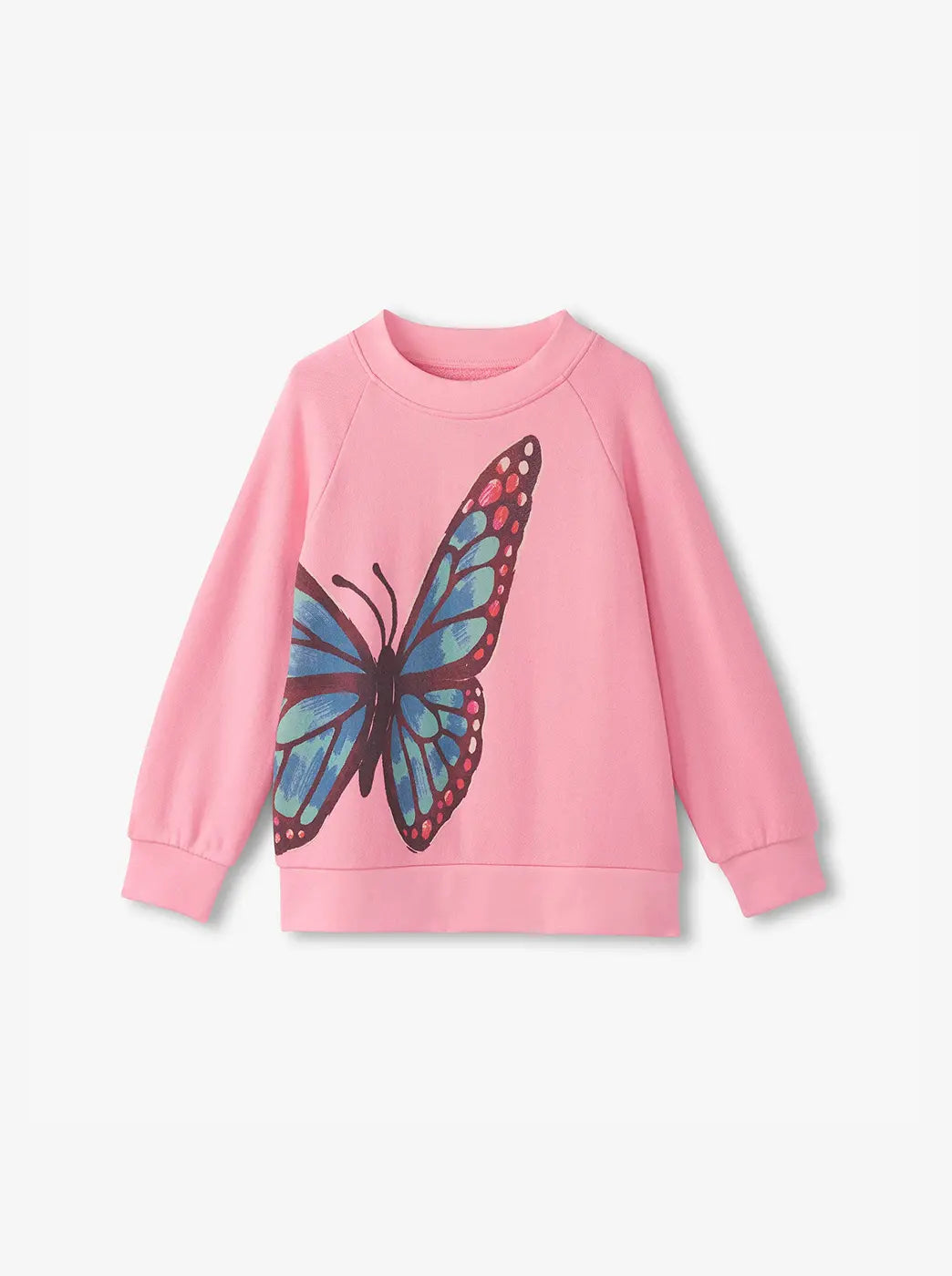 Promotes kids' sale items. Showing pink kids' sweatshirt with a large blue butterfly graphic on a plain background.