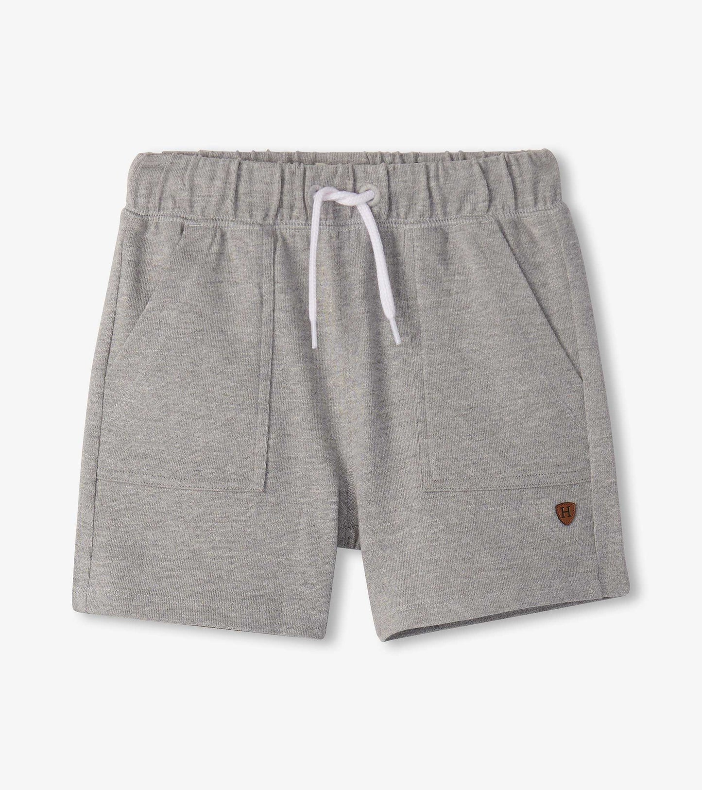 Grey boys athletic shorts with elastic waistband, white drawstring, and front pockets, front view