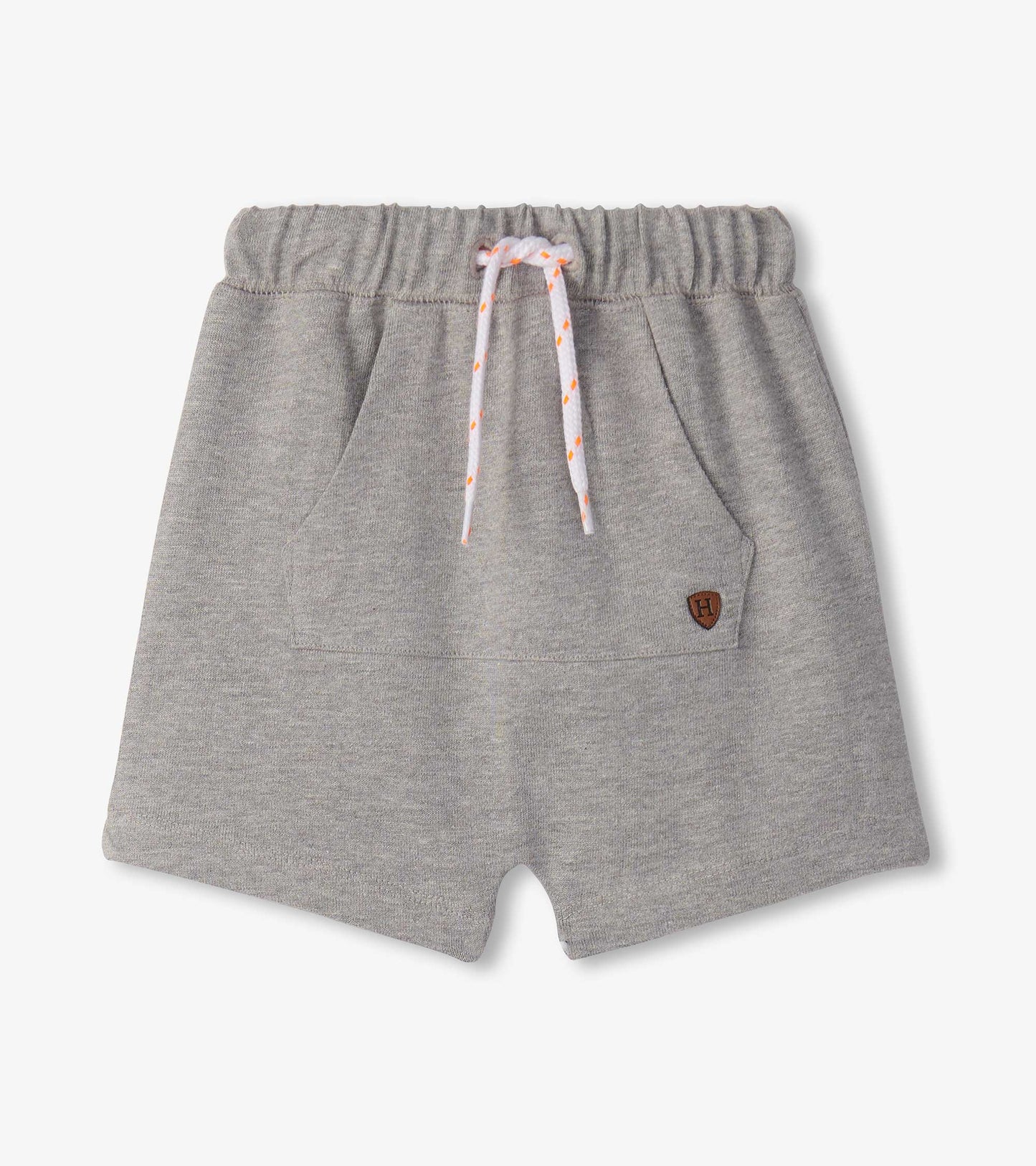 Grey knit toddler shorts with elastic waistband, drawstring, and front kangaroo pocket, front view