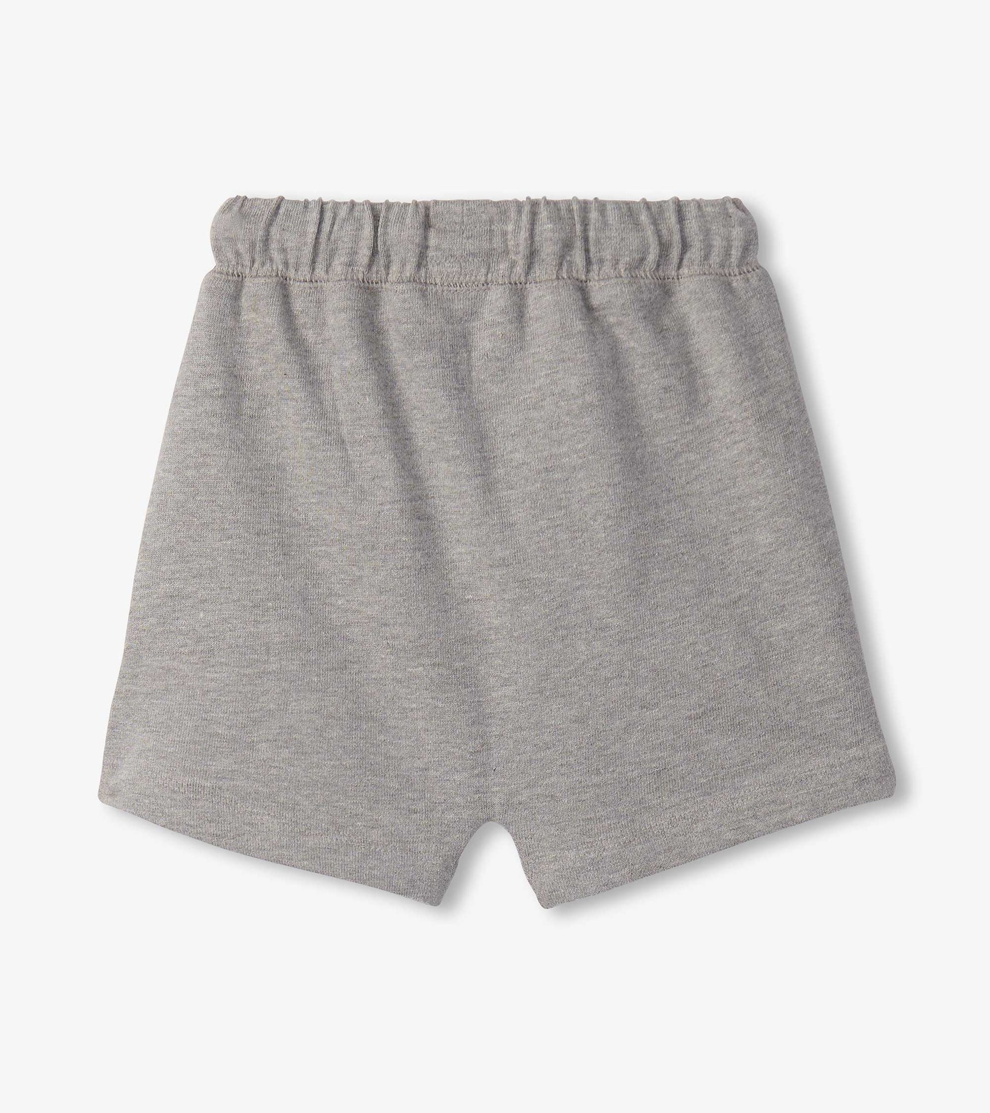 Light grey knit toddler shorts with elastic waistband, front view