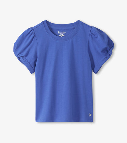 Blue girls T-shirt with puffed twisted short sleeves and crew neck, front view