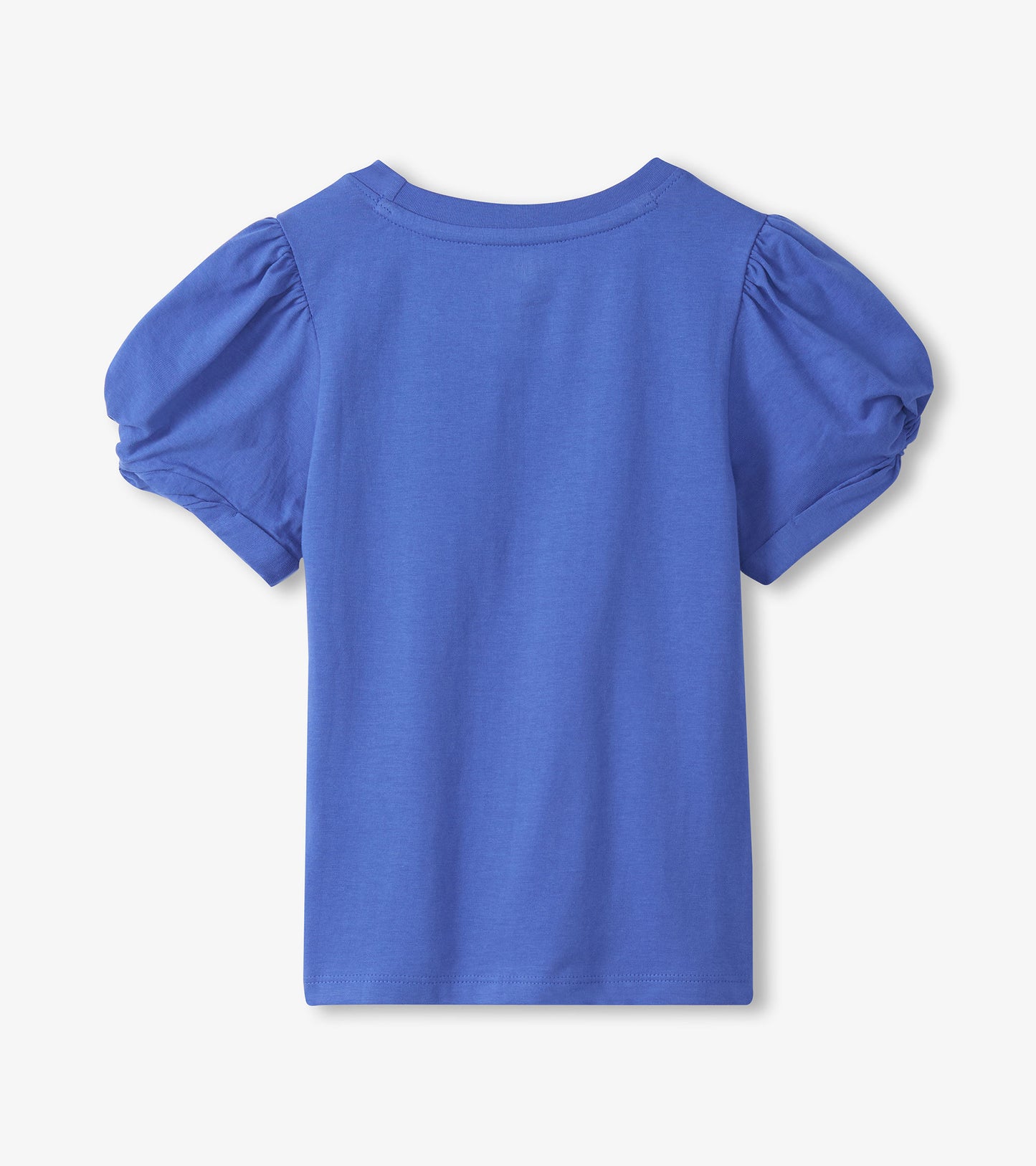 Blue girls T-shirt with puff sleeves, back view, crew neck and straight hem