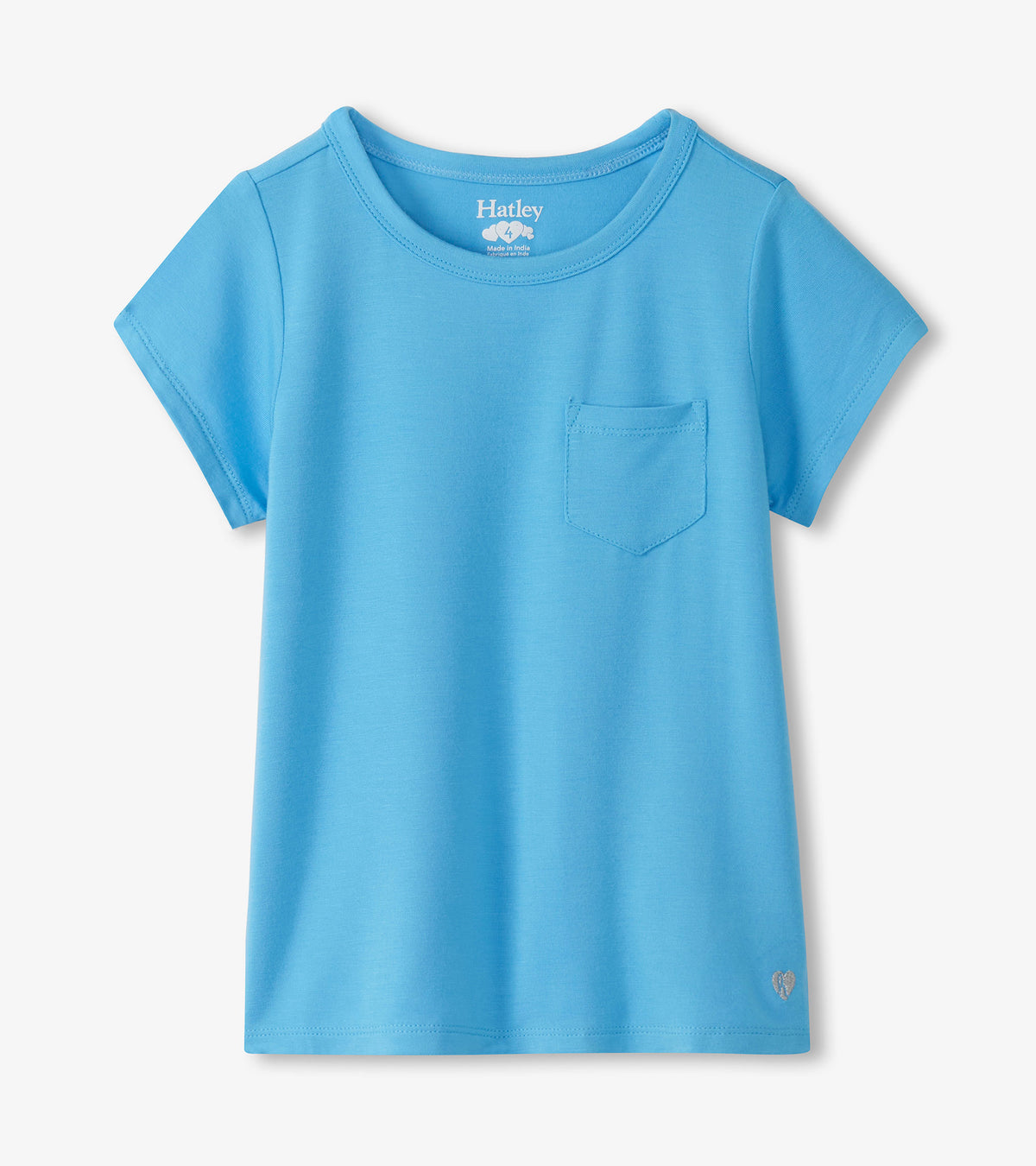 Baby blue girls T-shirt with short sleeves, round neck, chest pocket, and small heart detail near hem