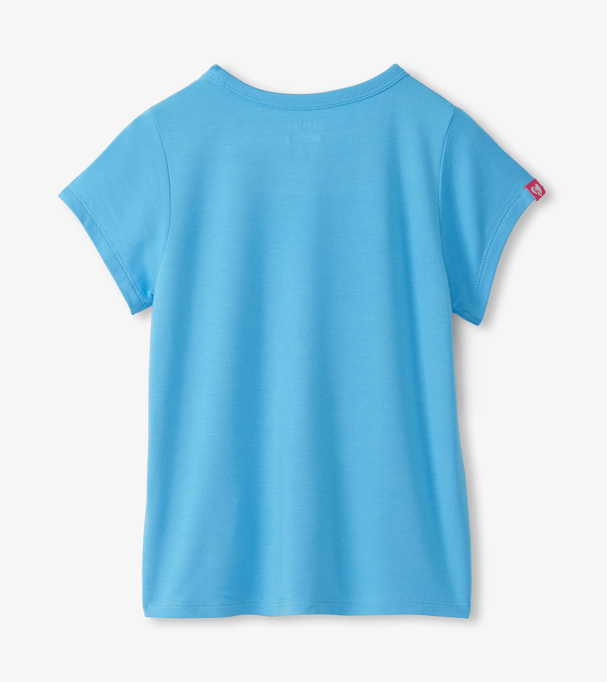 Back view of baby blue girls T-shirt with short sleeves and round neckline