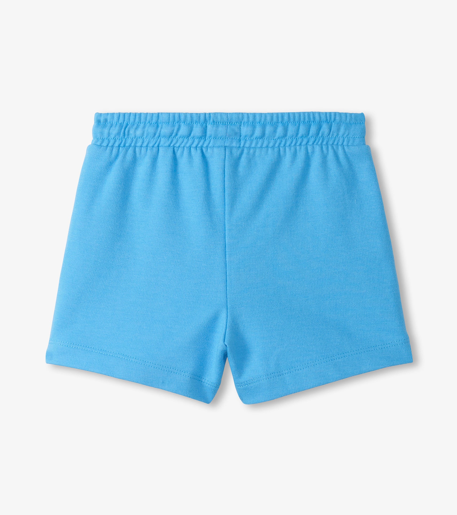 Light blue girls shorts with elastic waistband, front view, plain knit fabric