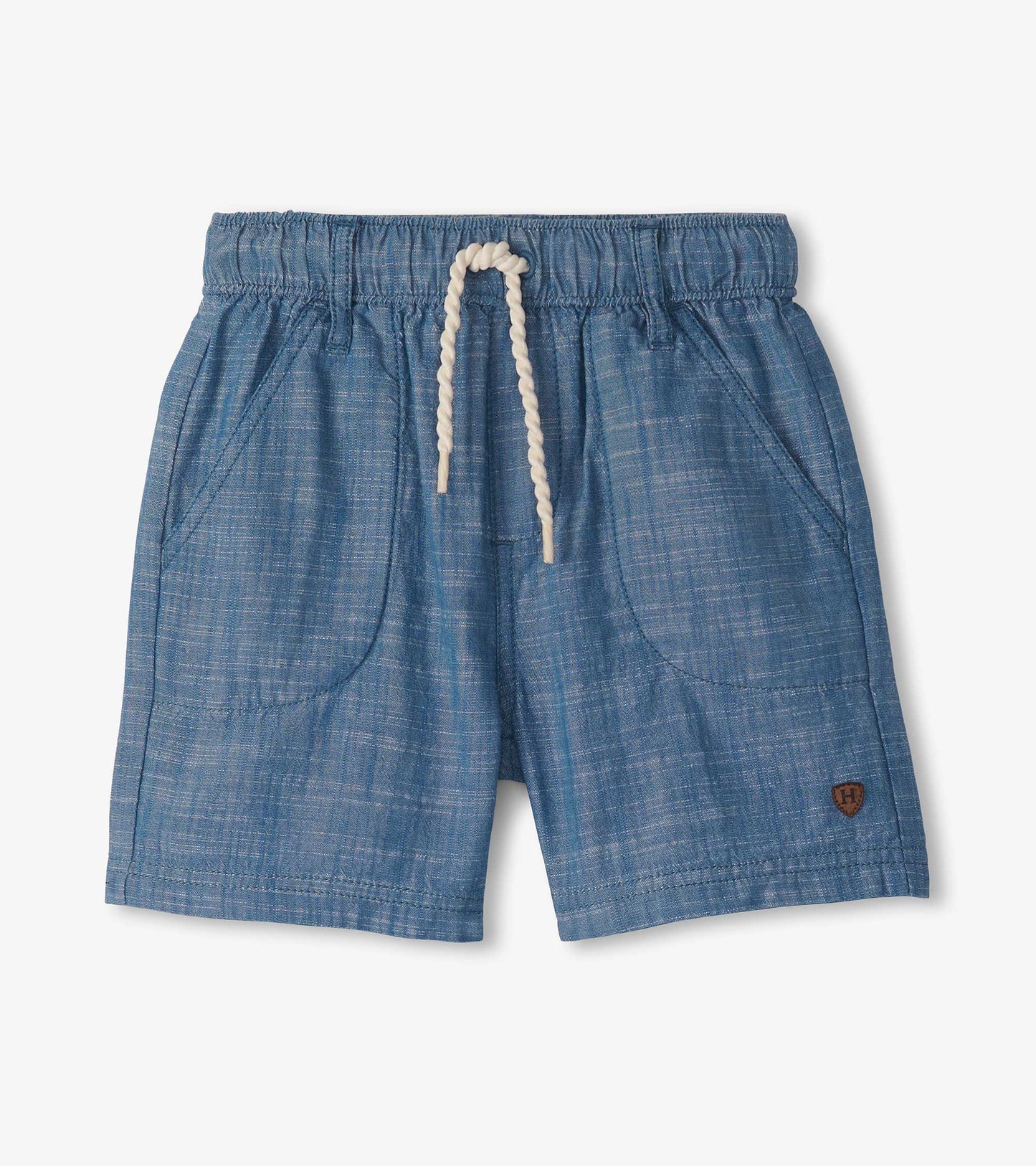 Blue pull-on shorts with elastic waistband, white drawstring, and front pockets