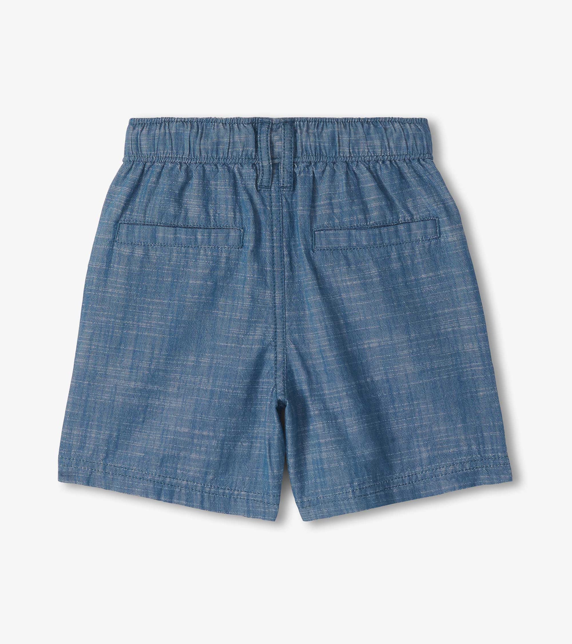 Blue pull-on shorts with elastic waistband and back pockets, front view