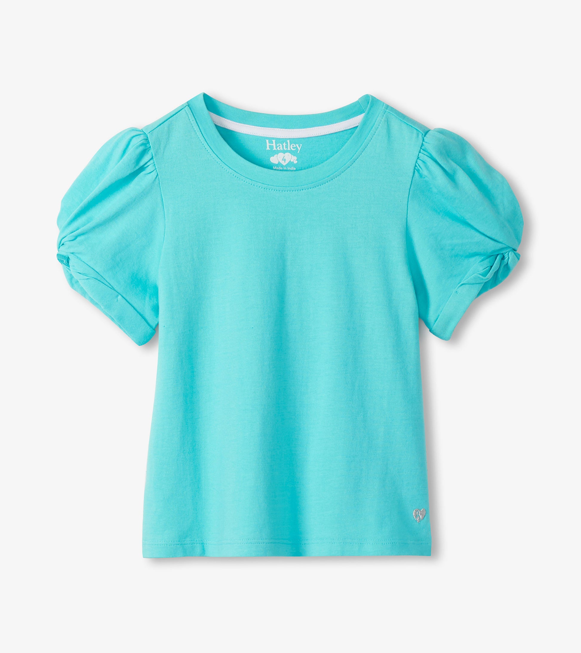 Light blue girls T-shirt with puff sleeves and a crew neck, front view