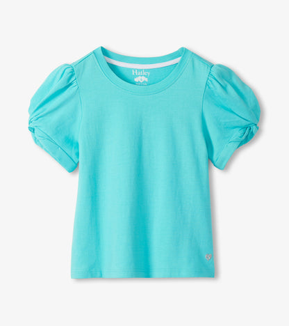 Light blue girls T-shirt with puff sleeves and a crew neck, front view
