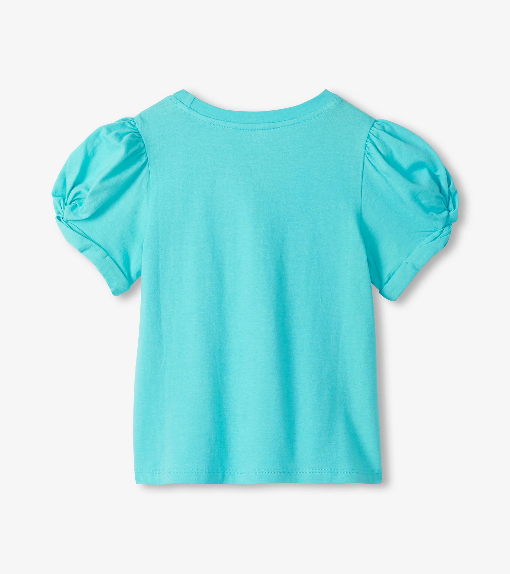 Girls turquoise short-sleeve T-shirt with puff sleeves, back view