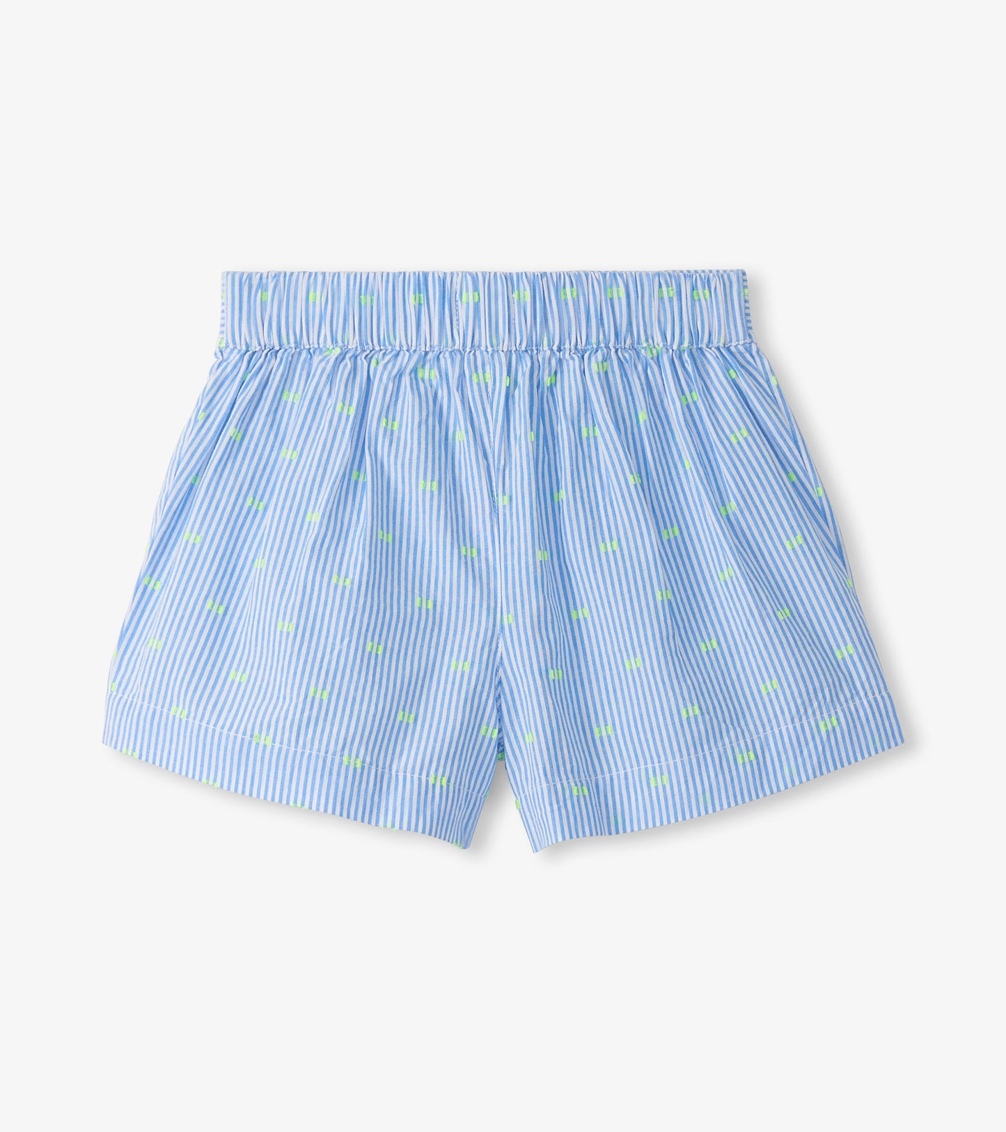 Girls blue striped paper bag shorts with neon green dots, front view