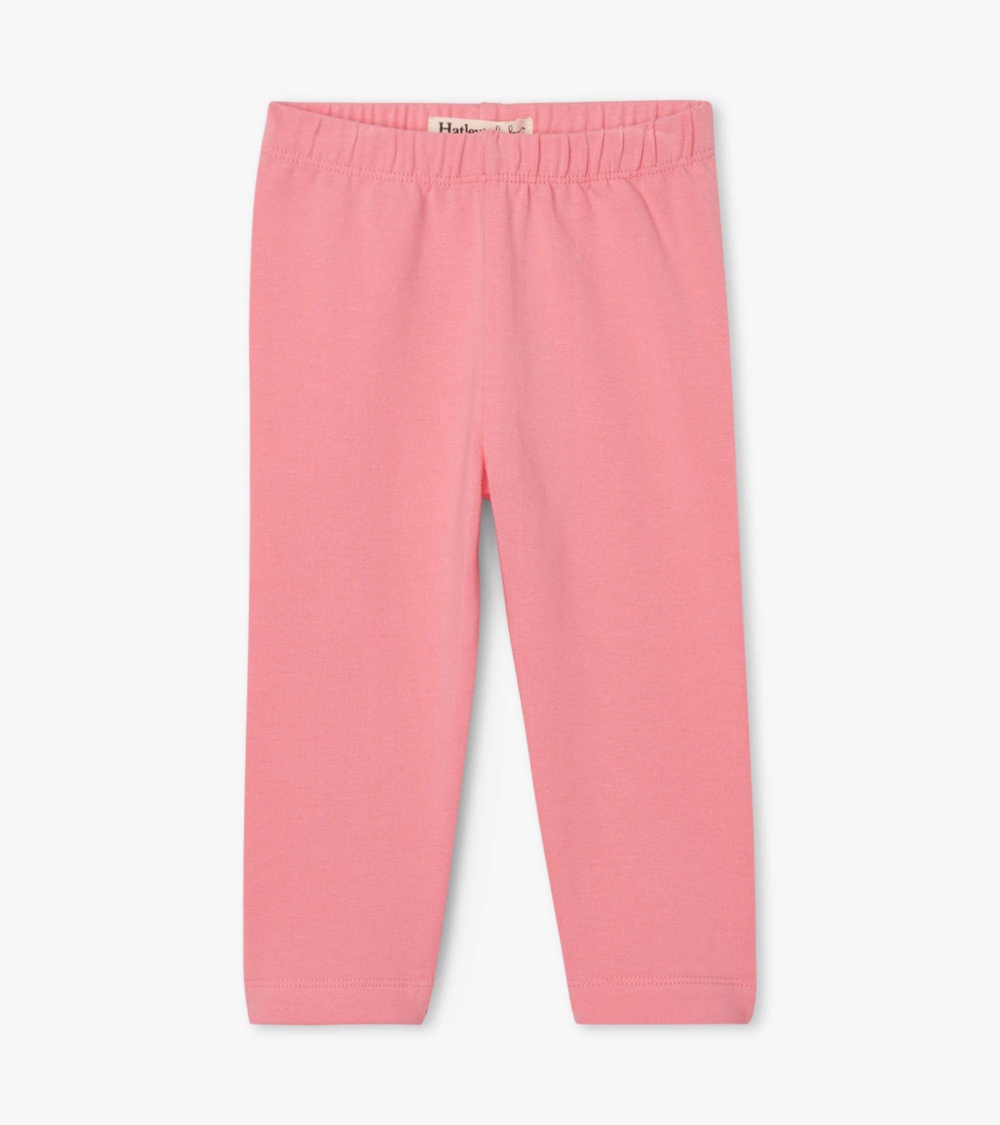 Pink leggings for baby and toddler girls with an elastic waistband and a simple, fitted design.