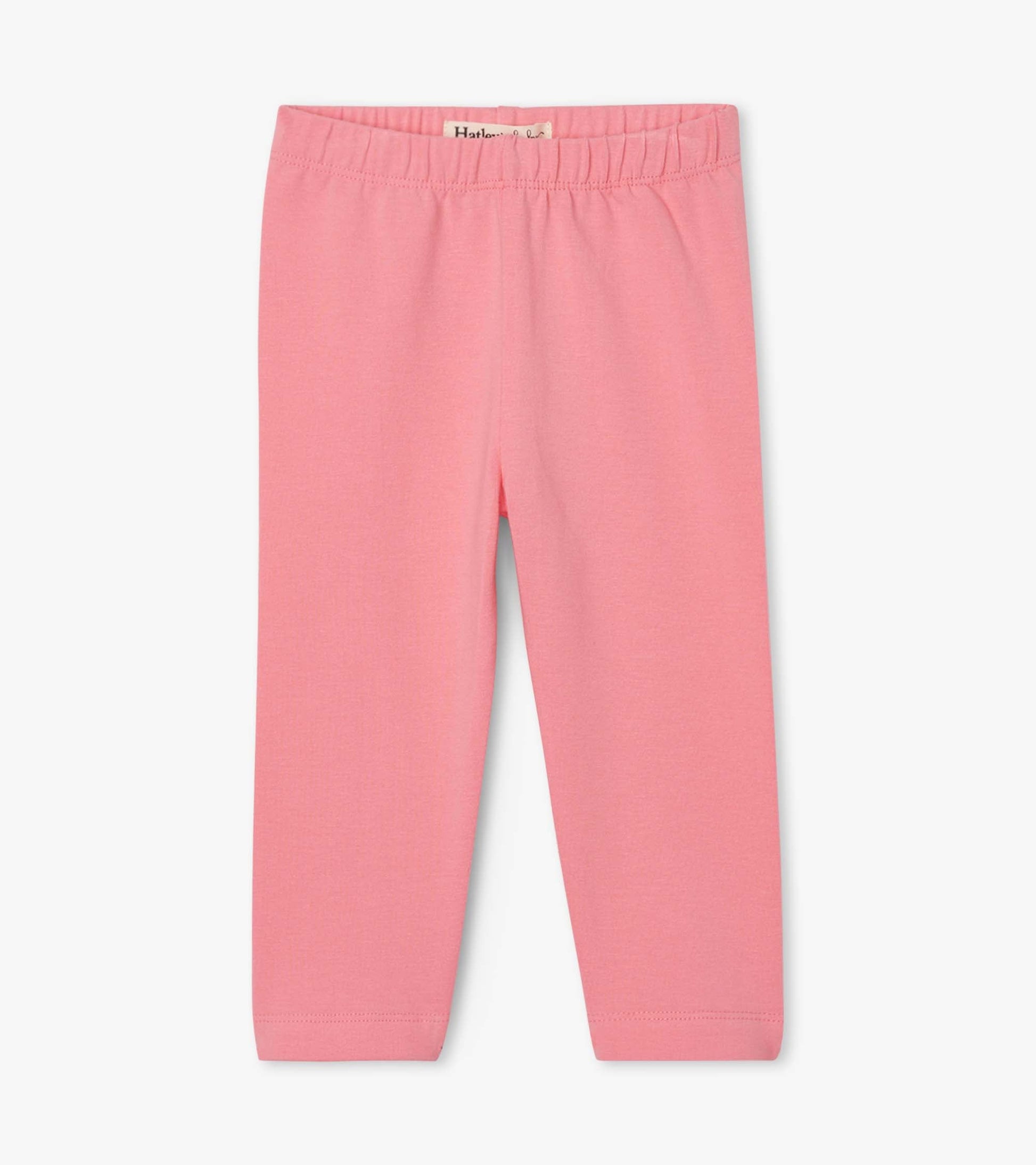 Pink leggings for baby and toddler girls with an elastic waistband and a simple, fitted design.