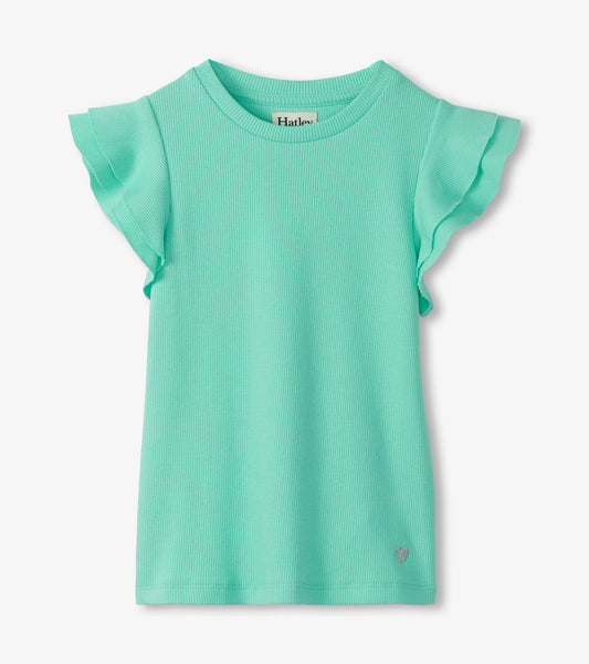 Mint green ribbed girls tank top with ruffle sleeves and crew neck, front view