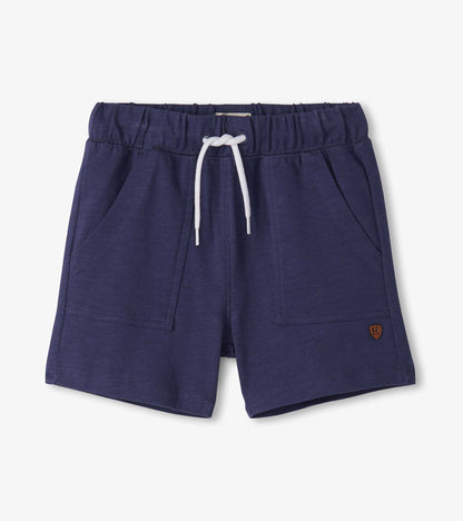 Navy blue boys’ shorts with elastic waistband, white drawstring, and front pockets, front view