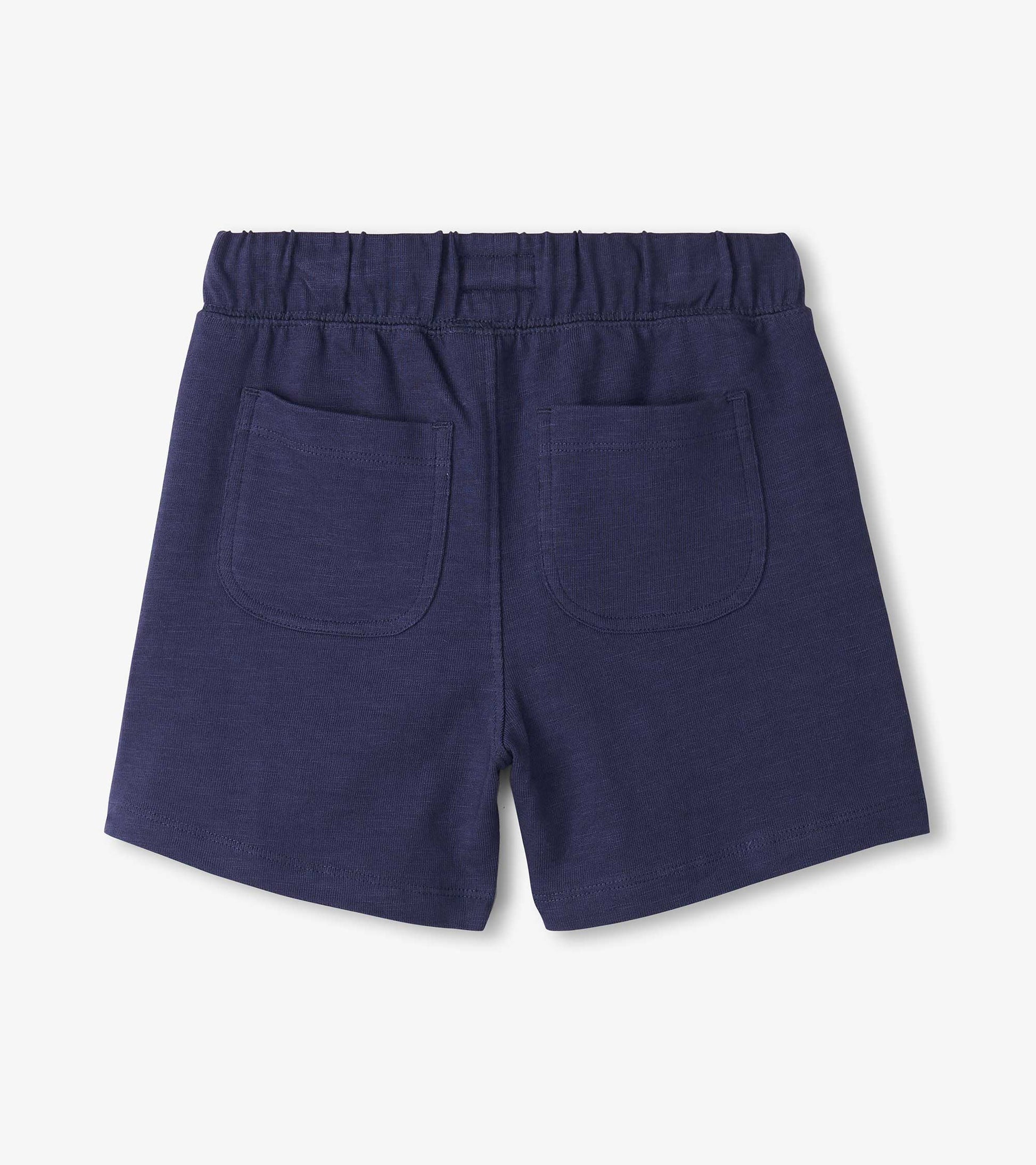 Navy blue boys shorts with elastic waistband and back patch pockets, back view