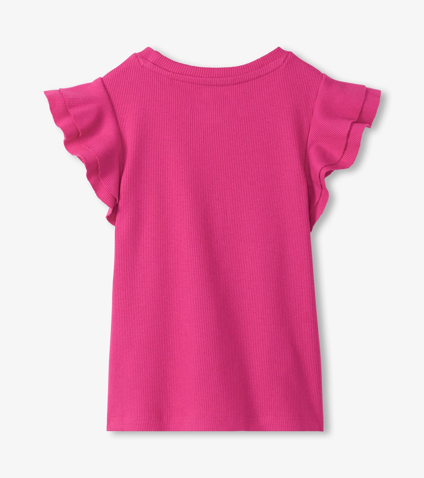 Pink ribbed girls tank top with ruffle sleeves, front view