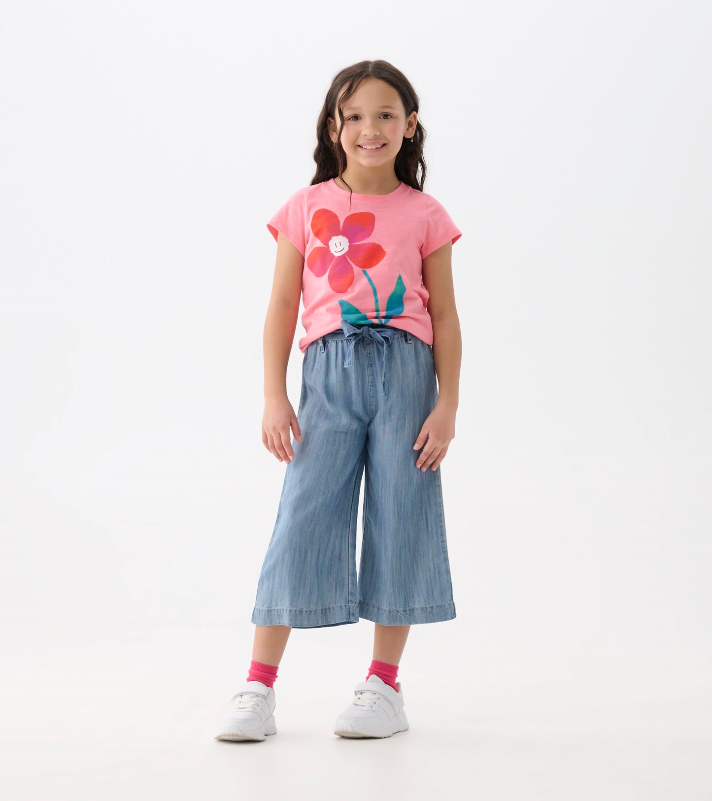 Girls Smokey Blue Wash Cropped Paperbag Pants