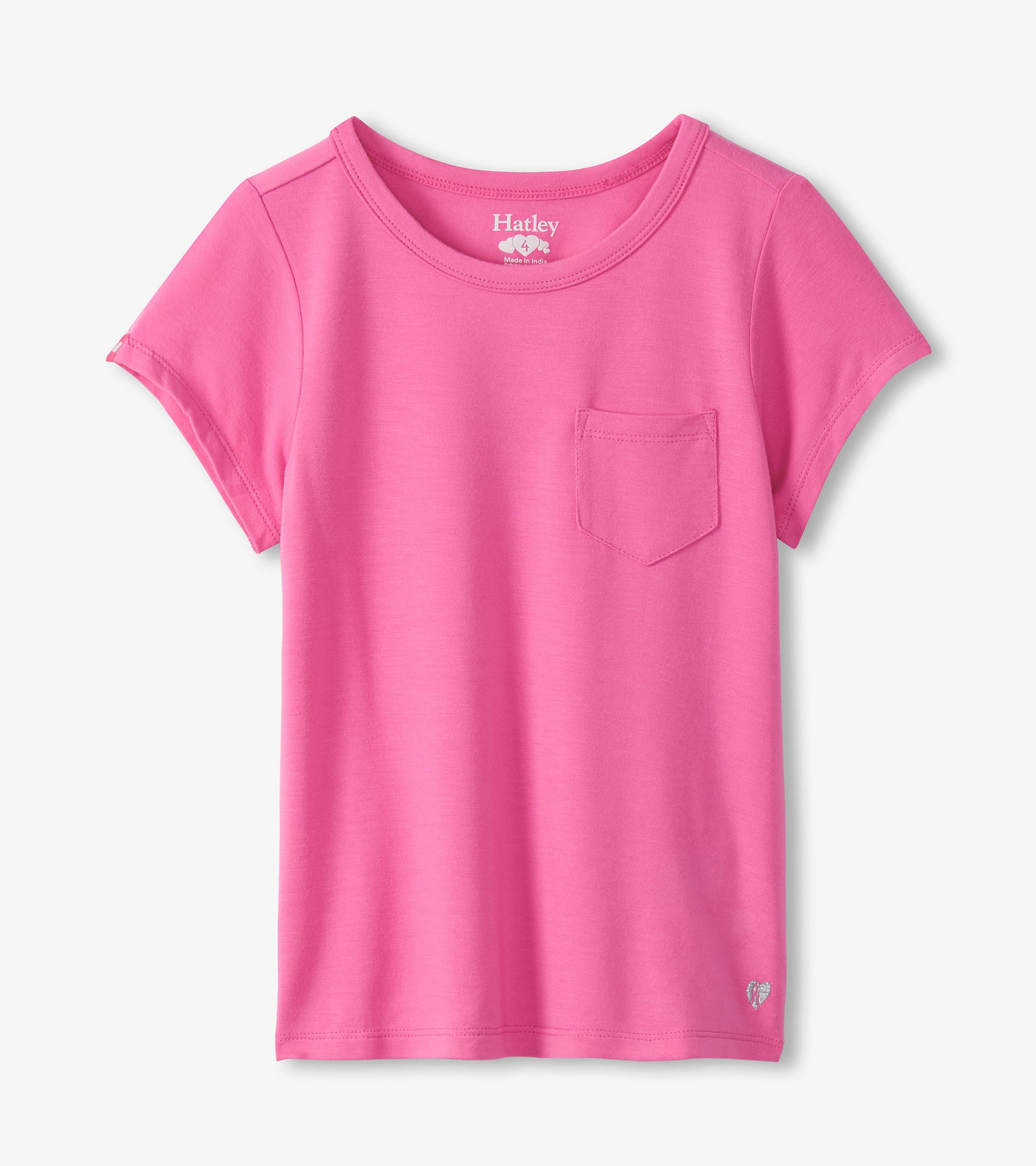 Pink girls short-sleeve T-shirt with crew neck and chest pocket, front view