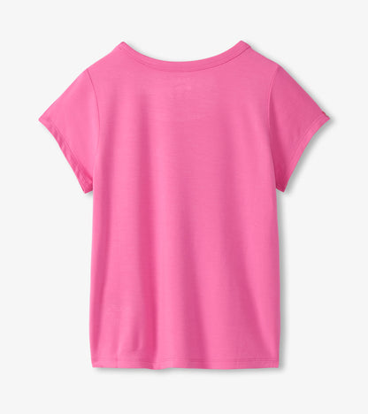 Pink short-sleeve girls T-shirt with a crew neck, shown from the back on a plain background