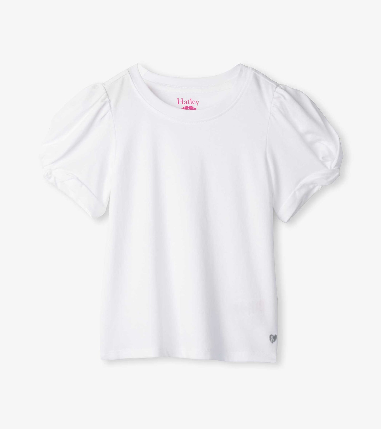 White girls tee with puffed twisted short sleeves and a small heart detail at the hem, front view