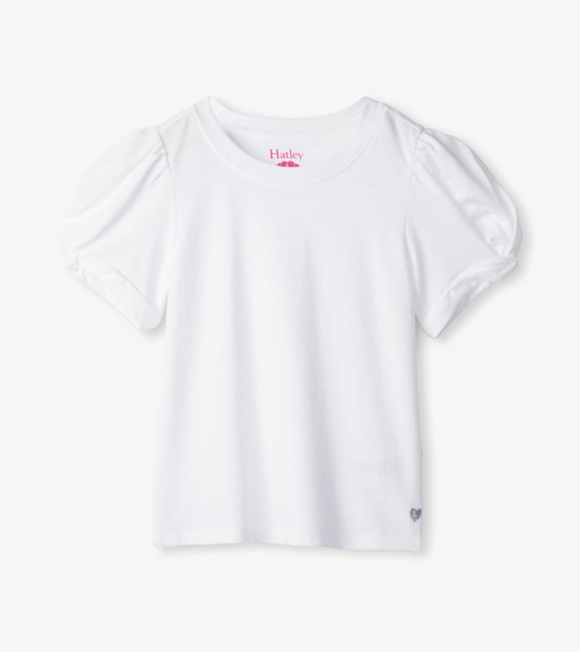 White girls tee with puffed twisted short sleeves and a small heart detail at the hem, front view