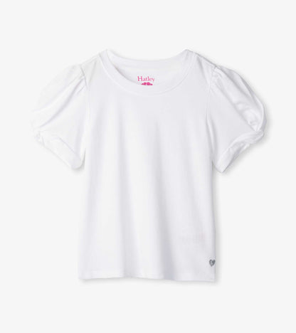 White girls tee with puffed twisted short sleeves and a small heart detail at the hem, front view