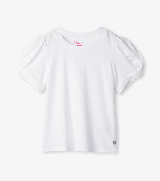 White girls tee with puffed twisted short sleeves and a small heart detail at the hem, front view