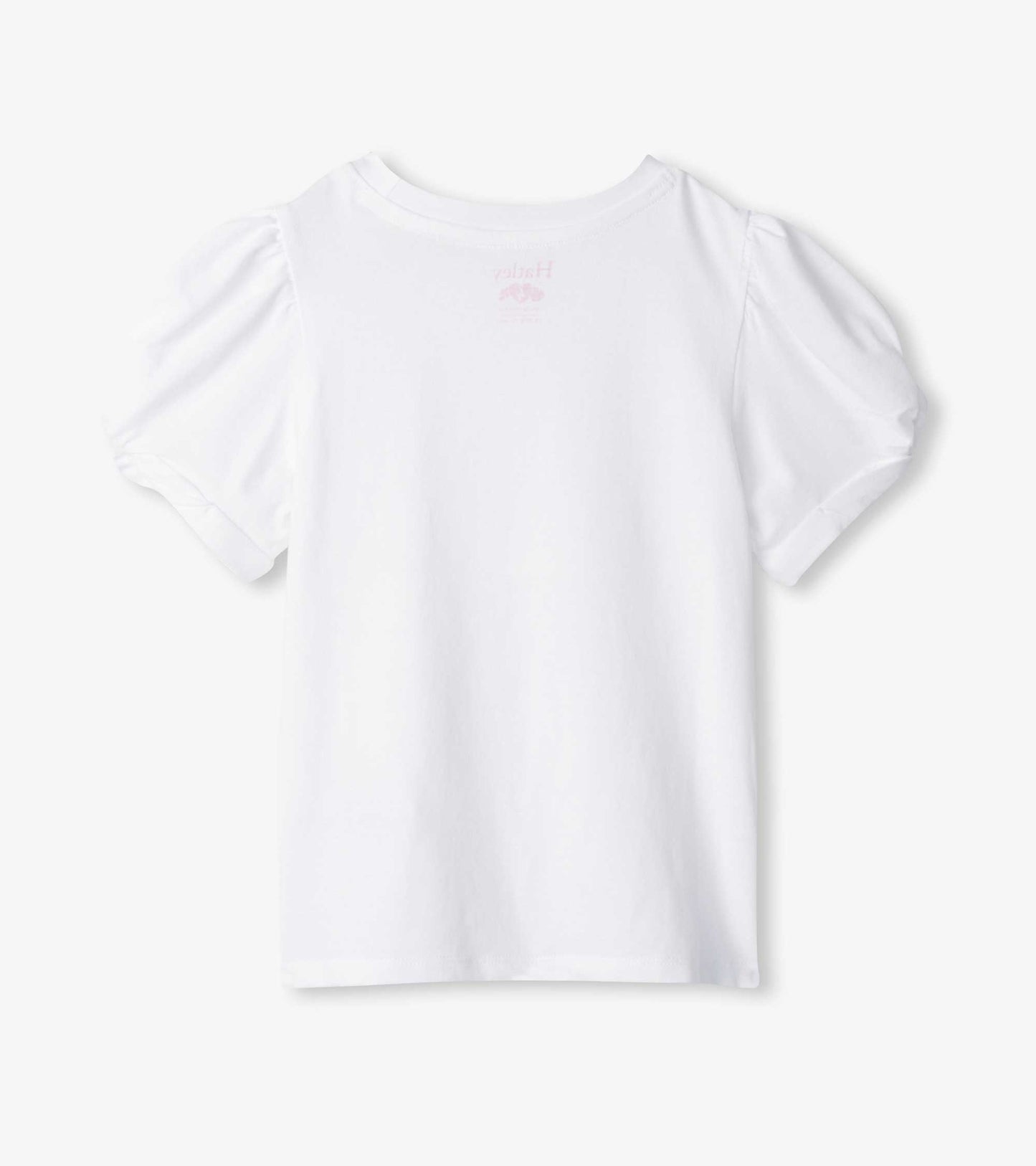 White girls’ tee with twisted short sleeves and crew neck, front view