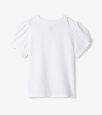 White girls’ tee with twisted short sleeves and crew neck, front view