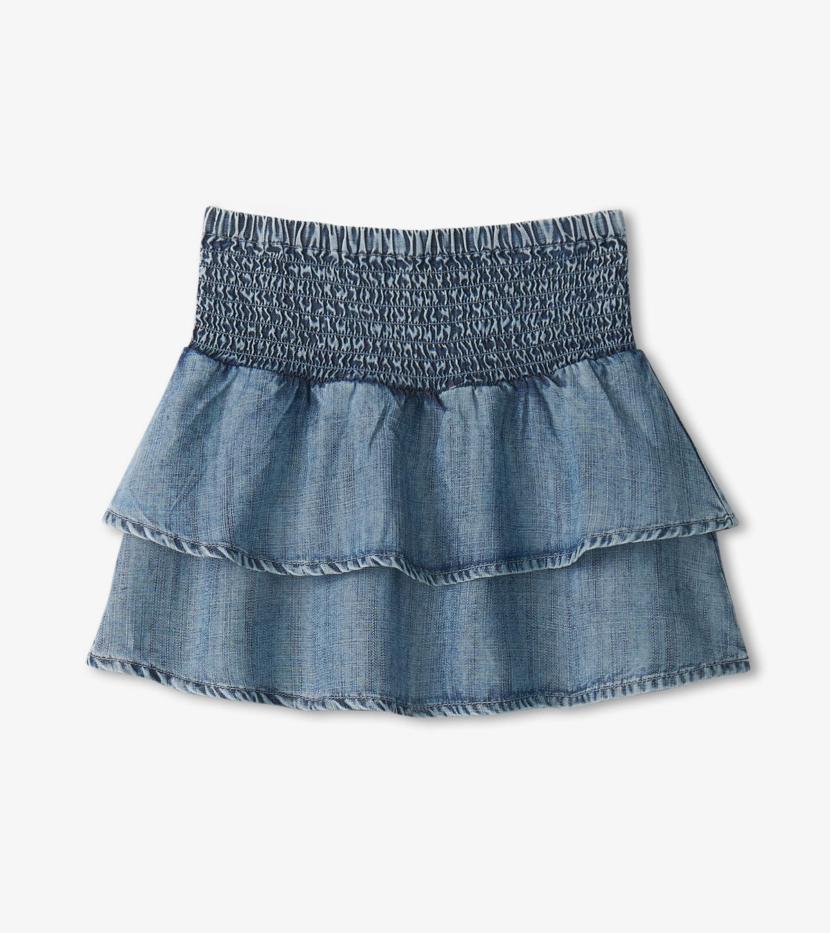 Blue denim girls skirt with smocked waistband and tiered ruffle layers, front view