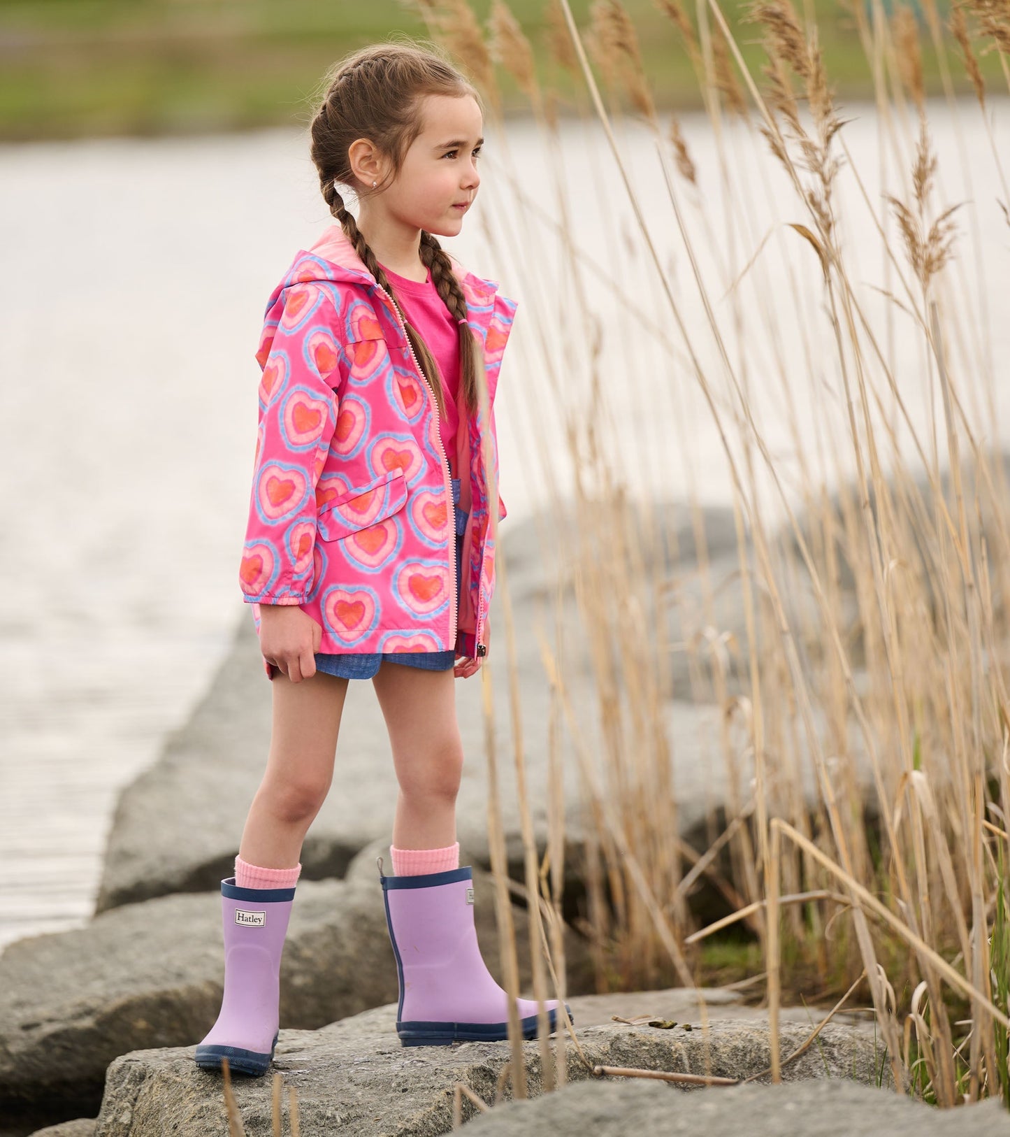 Girls Glowing Hearts Zip-Up Lightweight Rain Jacket